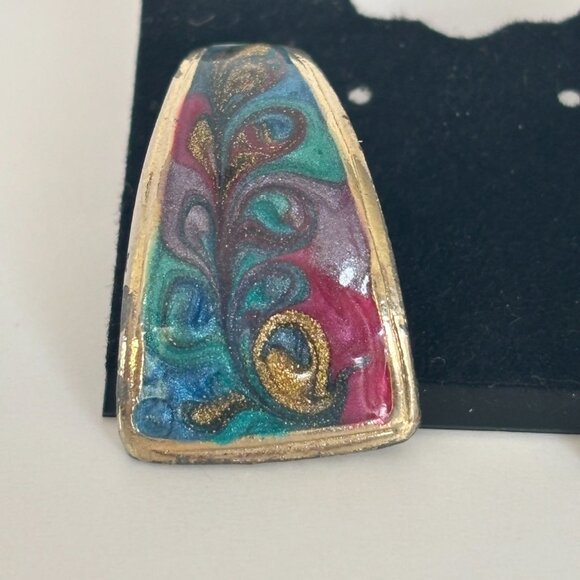 Abstract Enamel Dangle Earrings Swirl Colorful Gold Tone Multi Color Retro 1980s - Picture 2 of 4